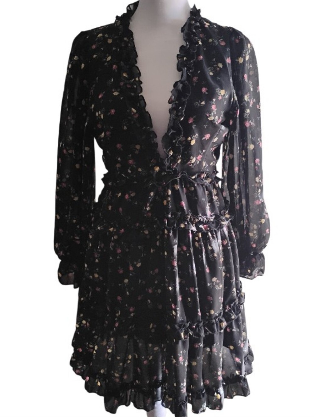 Romantic Whimsygoth Goth Style Midi Dress with Ruffled Trim Bare Back